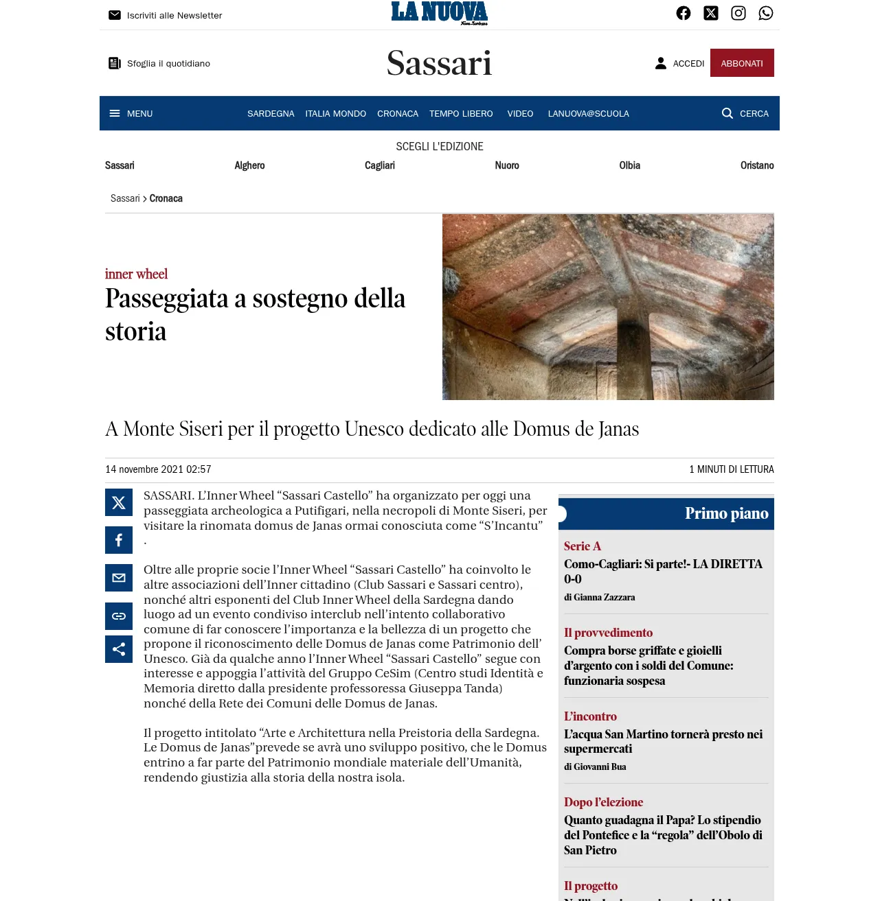 La Nuova Sardegna dedicates an article to the archaeological walk in support of the Unesco project for the Domus de Janas.